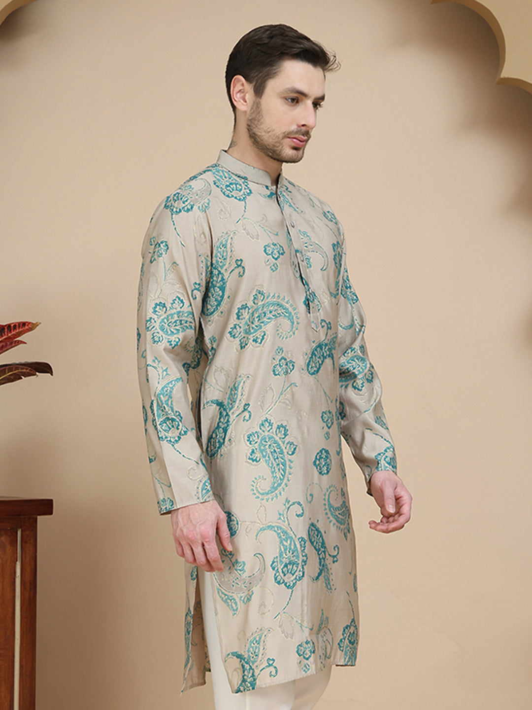 Stylish Beige Kurtas With Artistic Teal Paisley Print