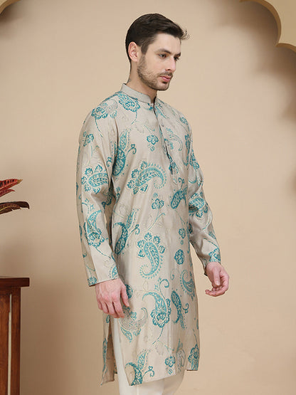 Stylish Beige Kurtas With Artistic Teal Paisley Print