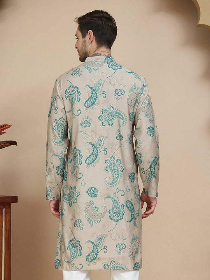 Stylish Beige Kurtas With Artistic Teal Paisley Print