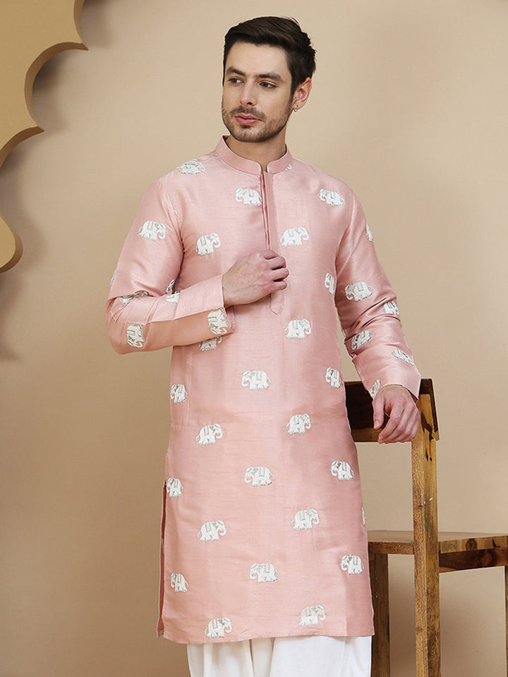 Elephant Embroidered Silk Blend Kurtas For Men