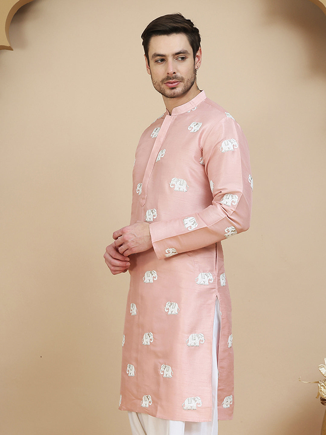 Elephant Embroidered Silk Blend Kurtas For Men