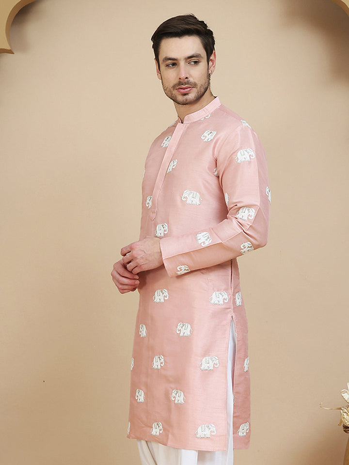 Elephant Embroidered Silk Blend Kurtas For Men