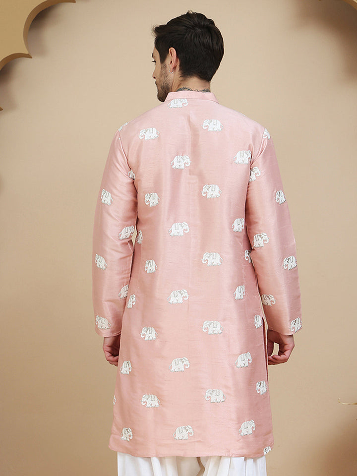 Elephant Embroidered Silk Blend Kurtas For Men
