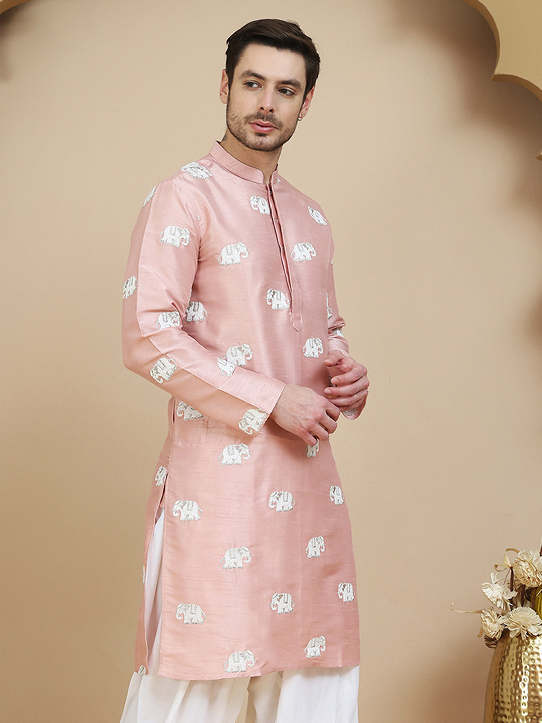 Elephant Embroidered Silk Blend Kurtas For Men
