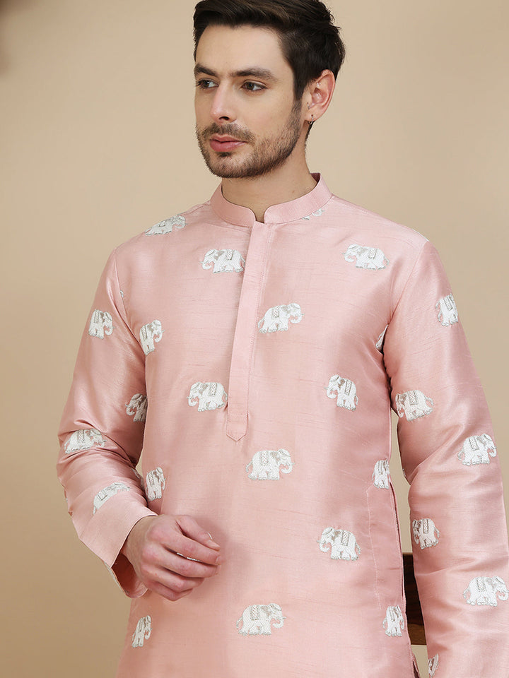 Elephant Embroidered Silk Blend Kurtas For Men