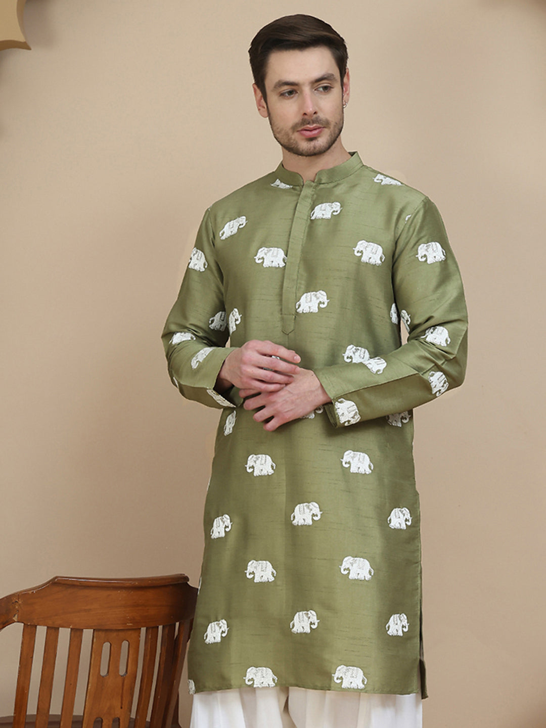 Elephant Embroidered Silk Blend Kurtas For Men