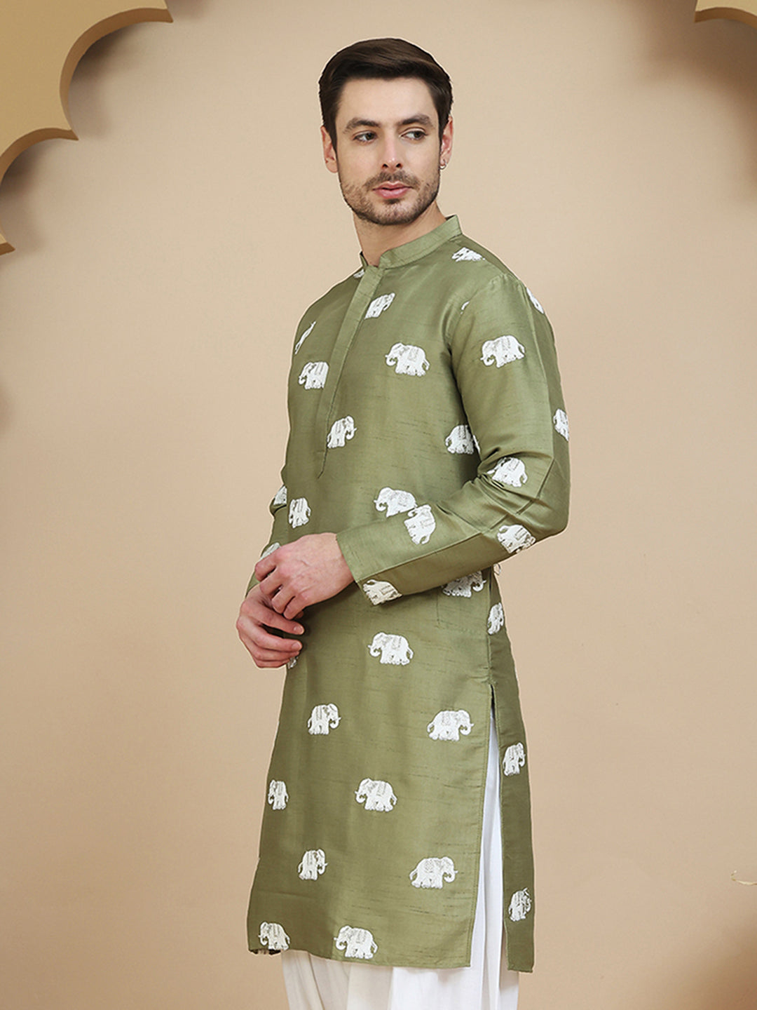 Elephant Embroidered Silk Blend Kurtas For Men