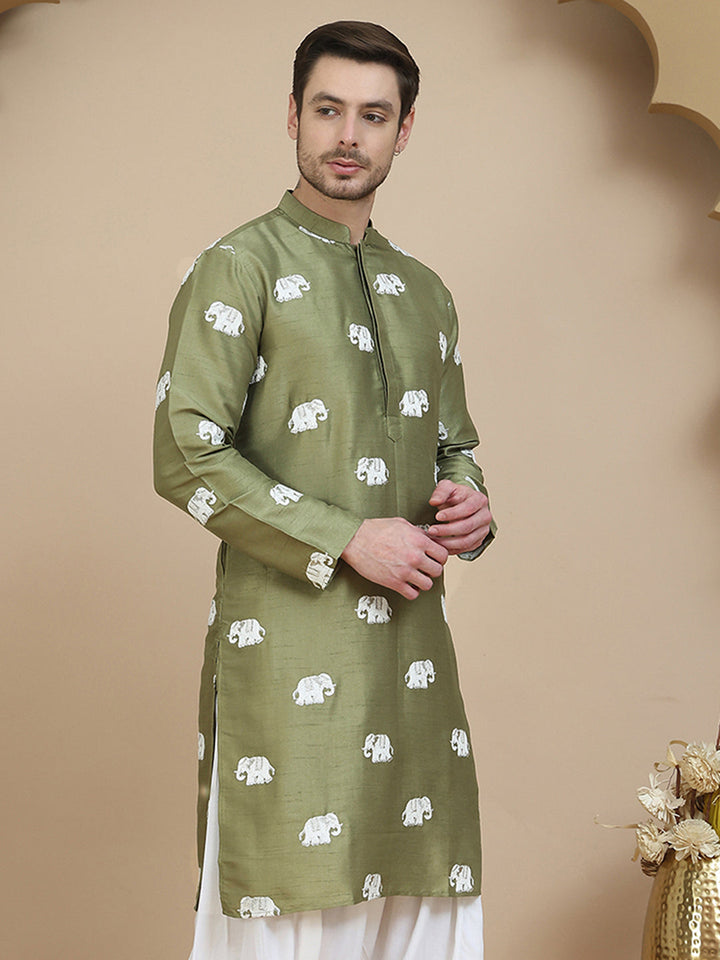 Elephant Embroidered Silk Blend Kurtas For Men