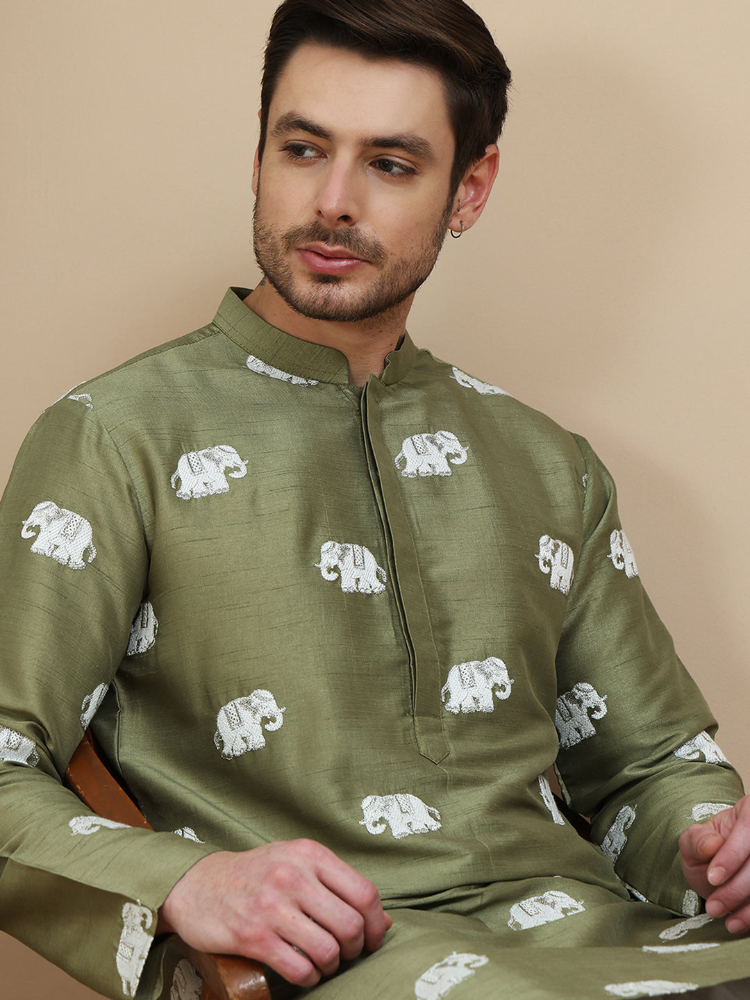 Elephant Embroidered Silk Blend Kurtas For Men