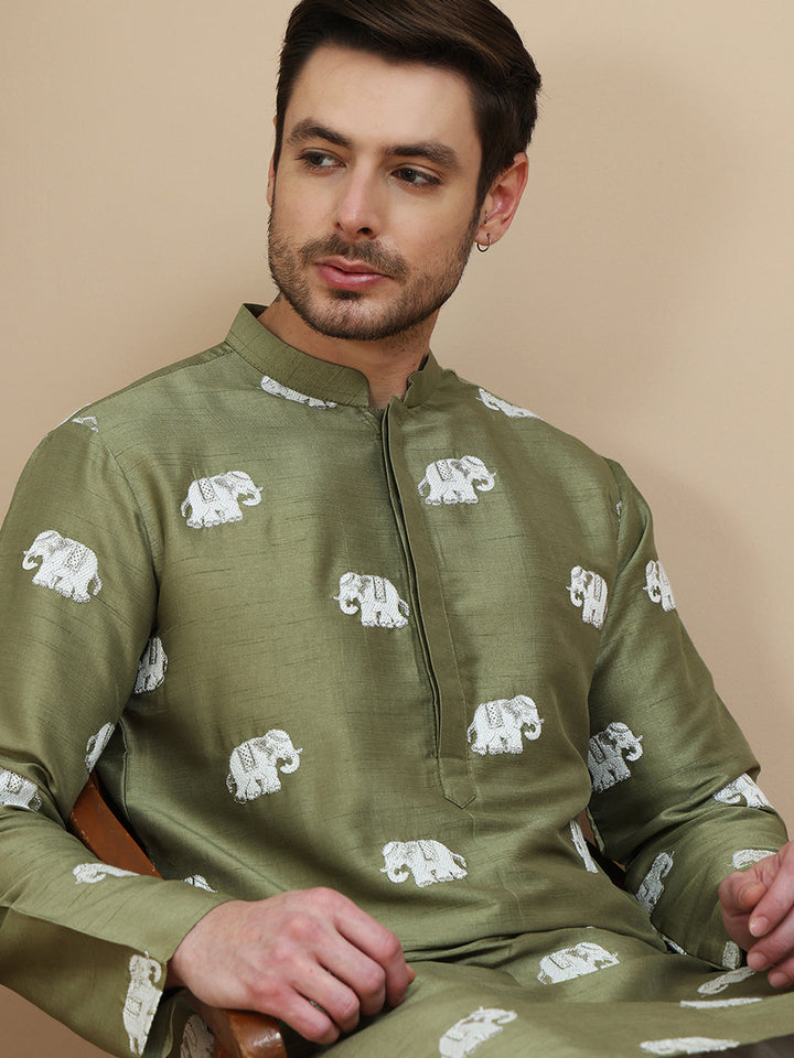 Elephant Embroidered Silk Blend Kurtas For Men
