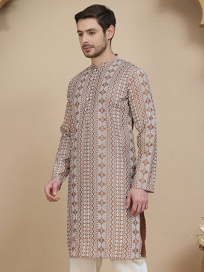 Geometric Print Silk Blend Straight Kurtas For Men