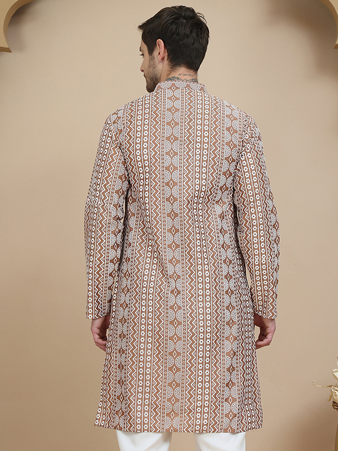 Geometric Print Silk Blend Straight Kurtas For Men