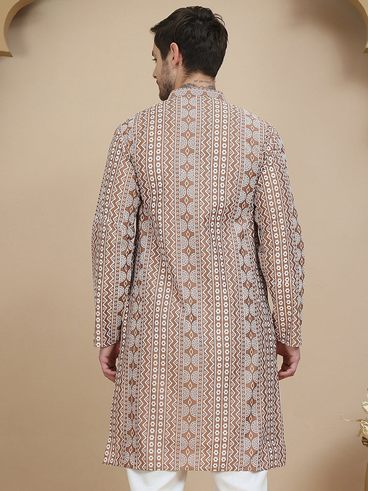 Geometric Print Silk Blend Straight Kurtas For Men