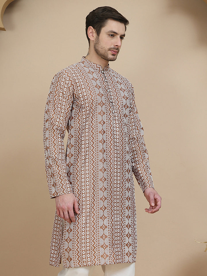 Geometric Print Silk Blend Straight Kurtas For Men