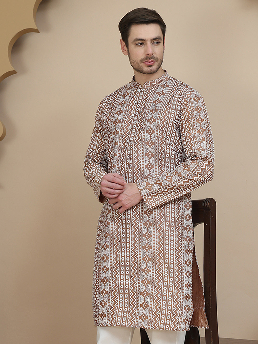 Geometric Print Silk Blend Straight Kurtas For Men