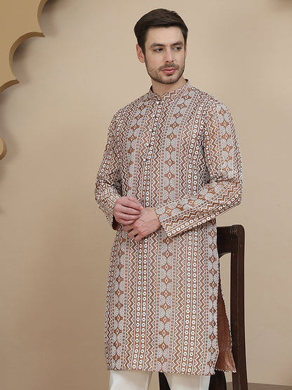 Geometric Print Silk Blend Straight Kurtas For Men