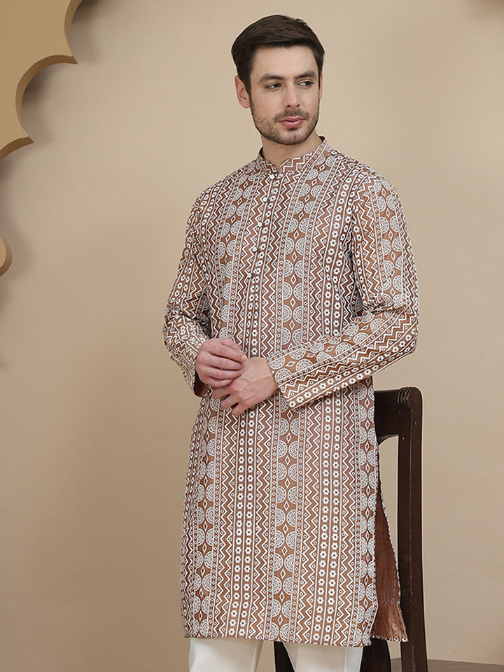 Geometric Print Silk Blend Straight Kurtas For Men