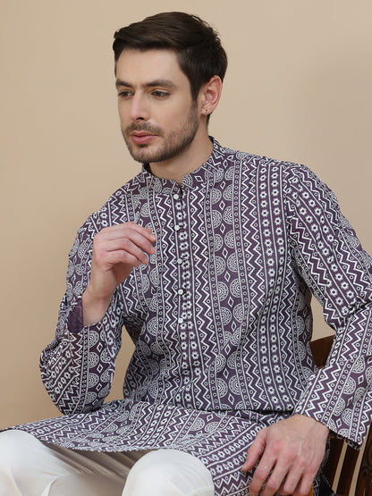 Geometric Print Silk Blend Straight Kurtas For Men