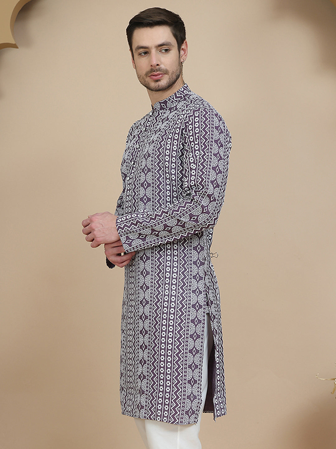 Geometric Print Silk Blend Straight Kurtas For Men