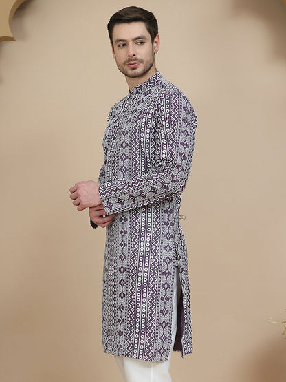 Geometric Print Silk Blend Straight Kurtas For Men