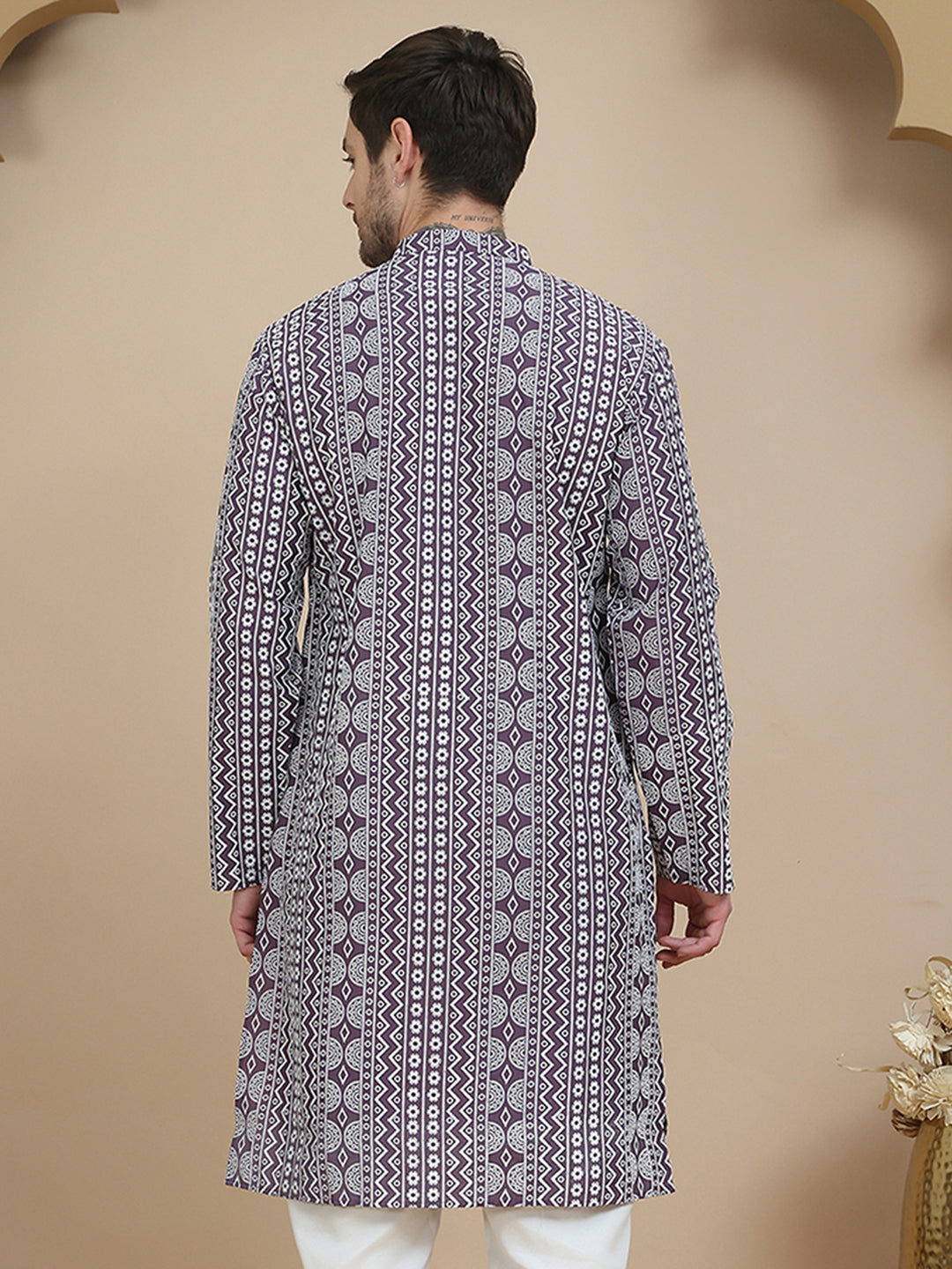 Geometric Print Silk Blend Straight Kurtas For Men