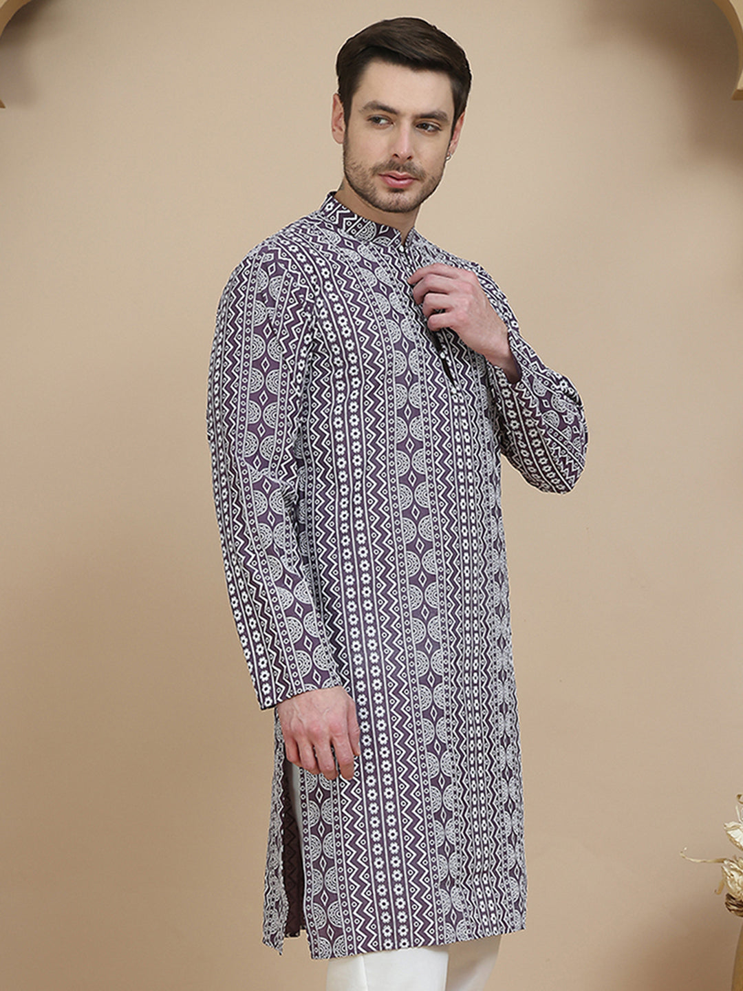 Geometric Print Silk Blend Straight Kurtas For Men