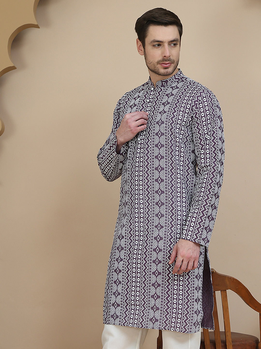 Geometric Print Silk Blend Straight Kurtas For Men