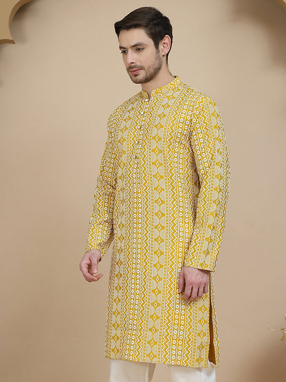 Geometric Print Silk Blend Straight Kurtas For Men