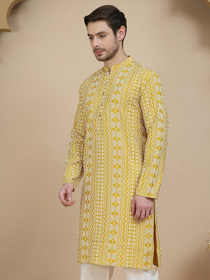 Geometric Print Silk Blend Straight Kurtas For Men