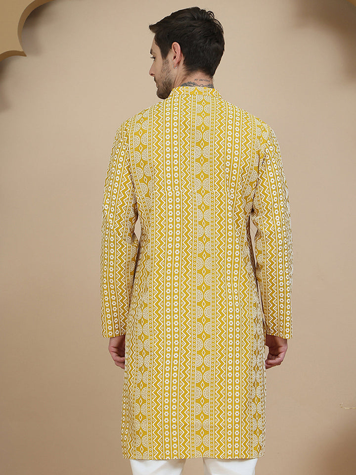 Geometric Print Silk Blend Straight Kurtas For Men