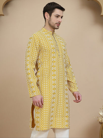 Geometric Print Silk Blend Straight Kurtas For Men