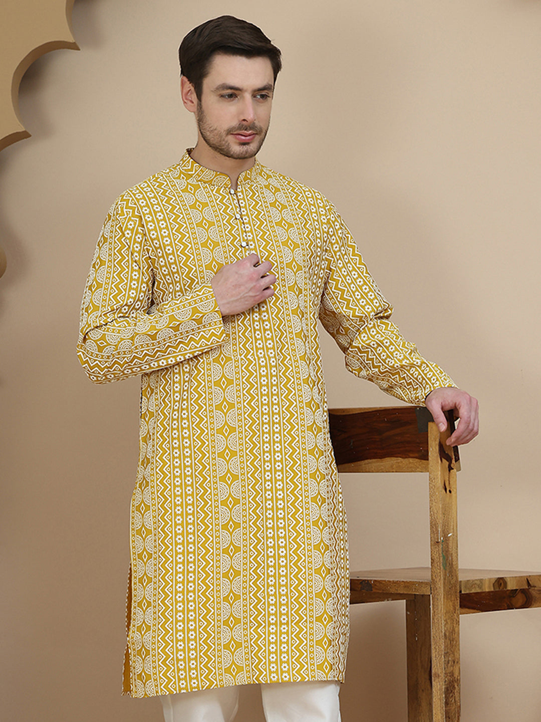 Geometric Print Silk Blend Straight Kurtas For Men