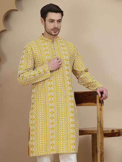 Geometric Print Silk Blend Straight Kurtas For Men