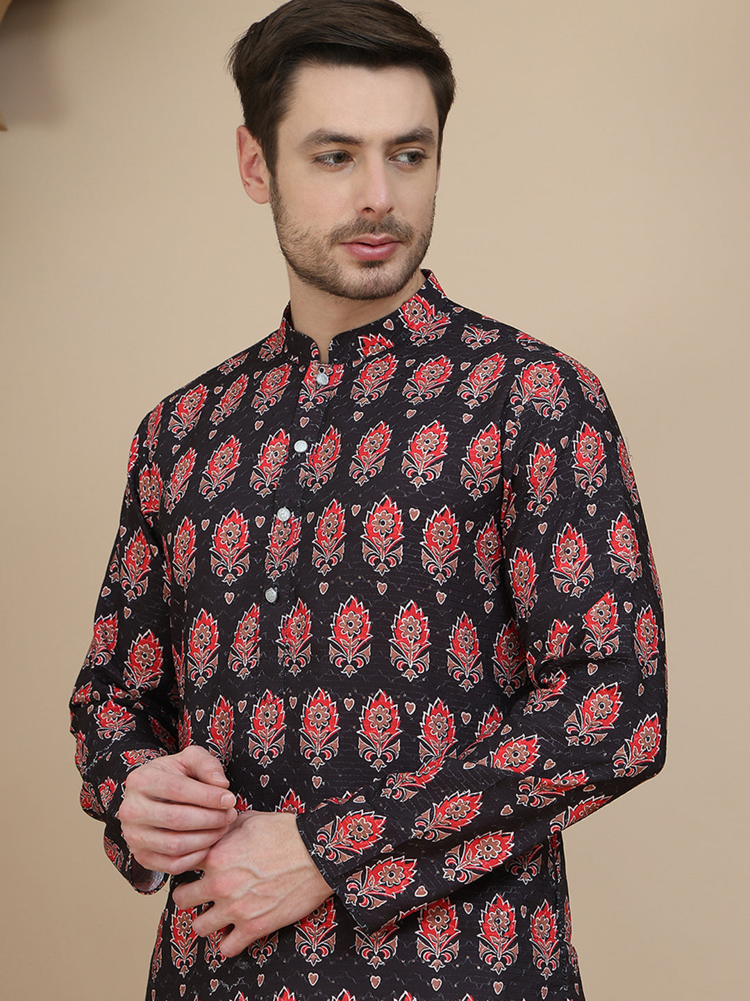 Printed Silk Blend Straight Kurtas For Men
