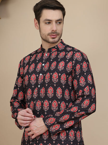 Printed Silk Blend Straight Kurtas For Men