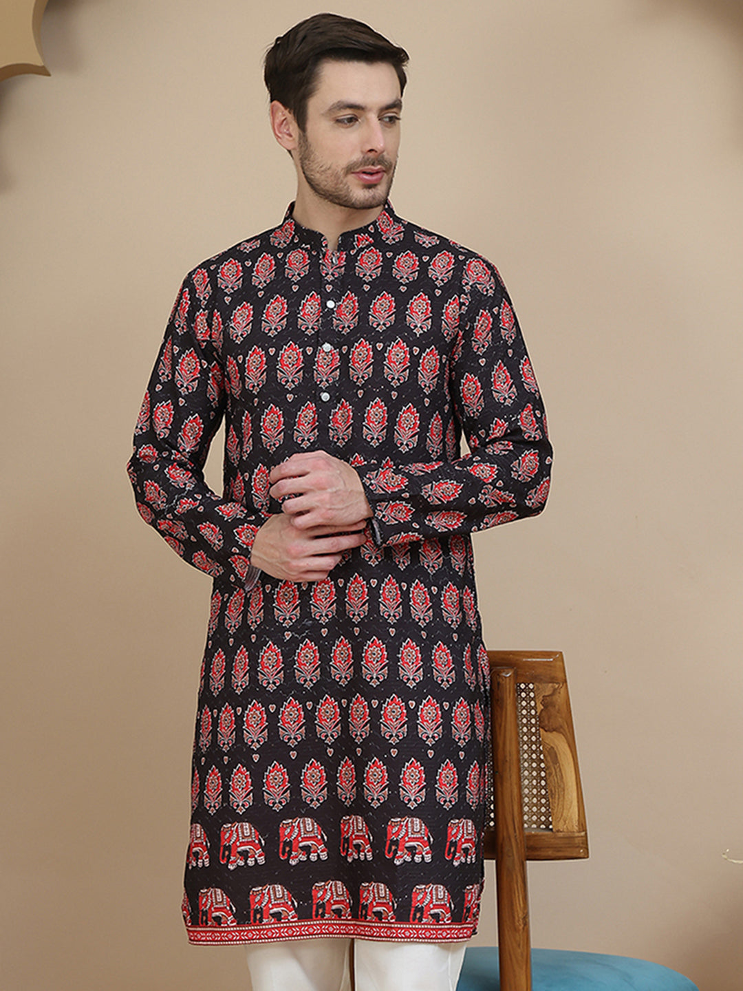 Printed Silk Blend Straight Kurtas For Men