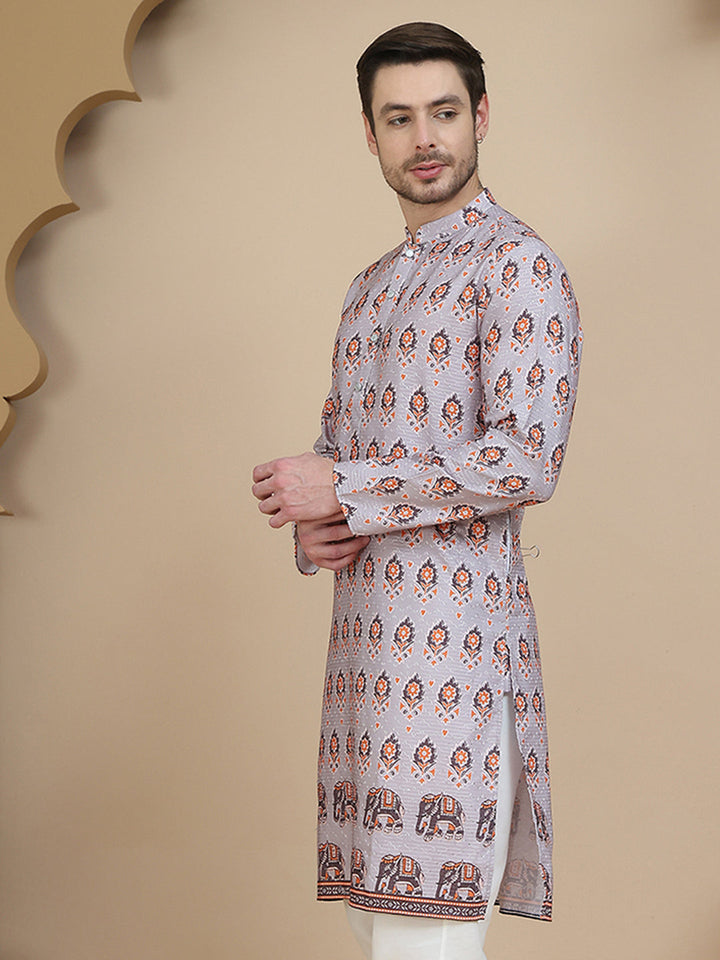 Printed Silk Blend Straight Kurtas For Men