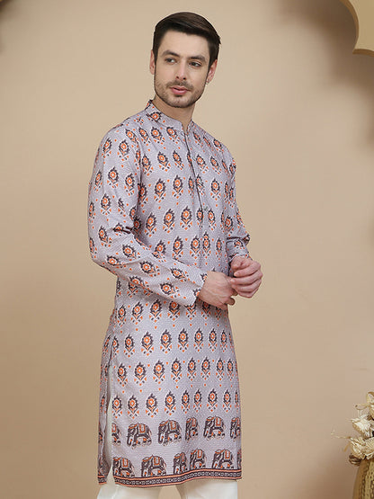 Printed Silk Blend Straight Kurtas For Men
