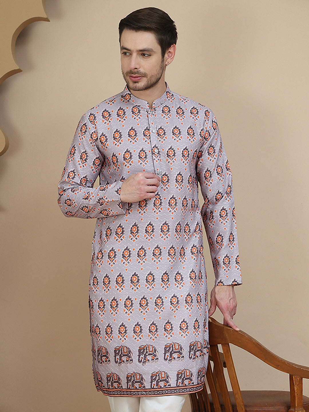 Printed Silk Blend Straight Kurtas For Men