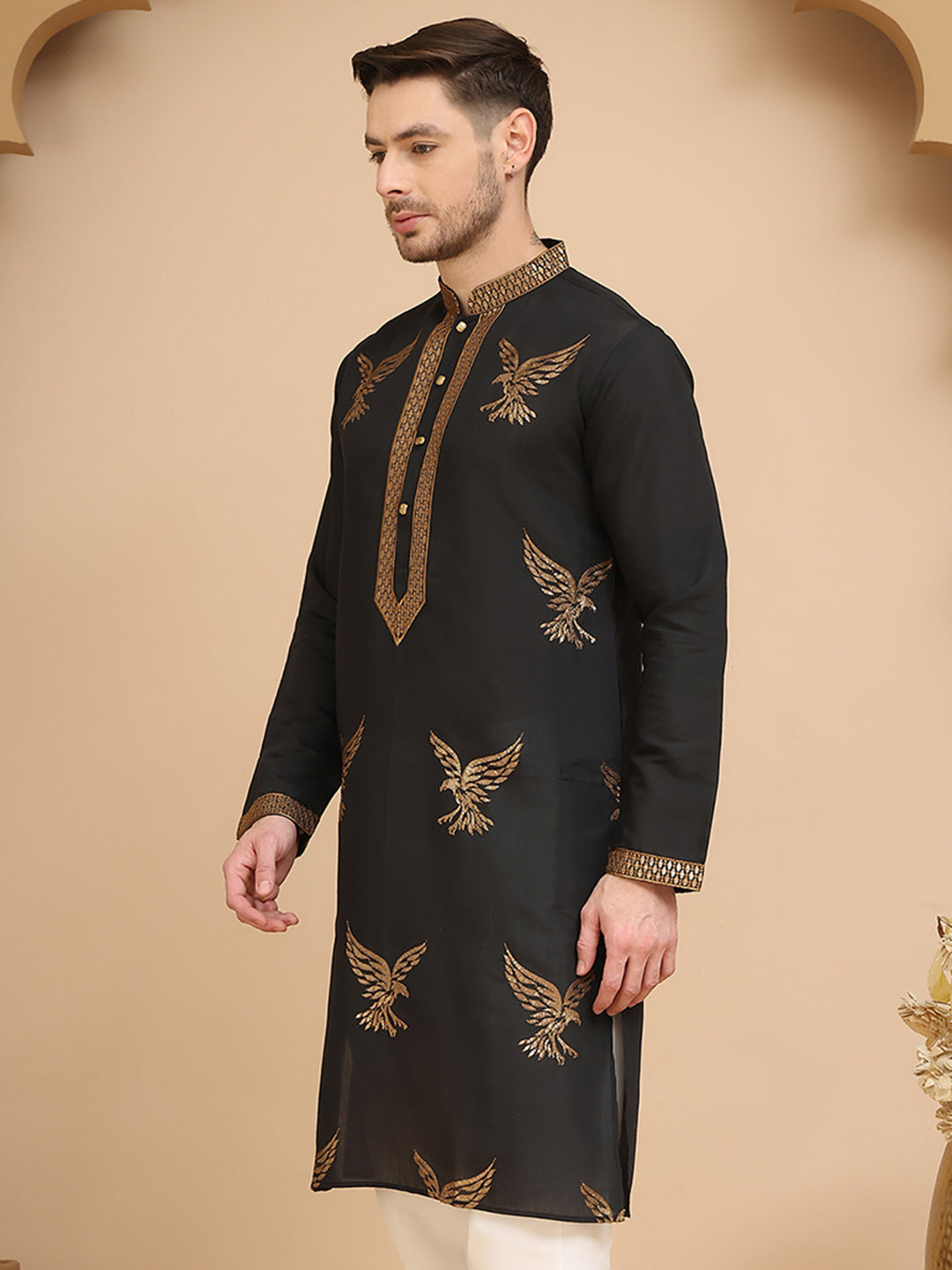 Silk Blend Kurtas With Golden Eagle Embroidery