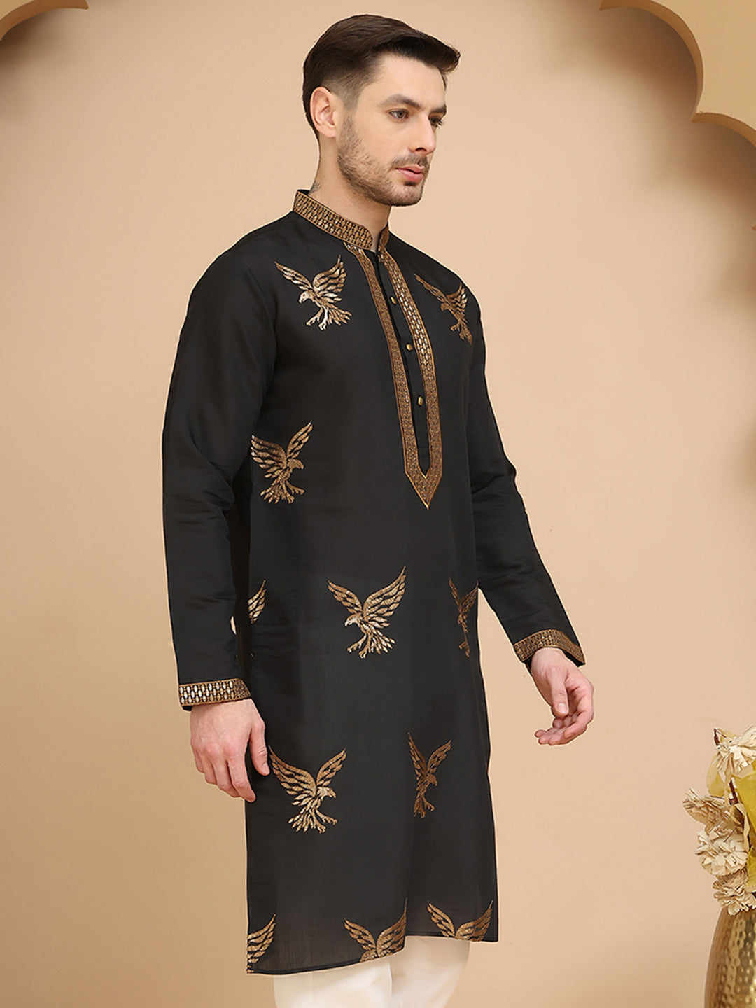 Silk Blend Kurtas With Golden Eagle Embroidery