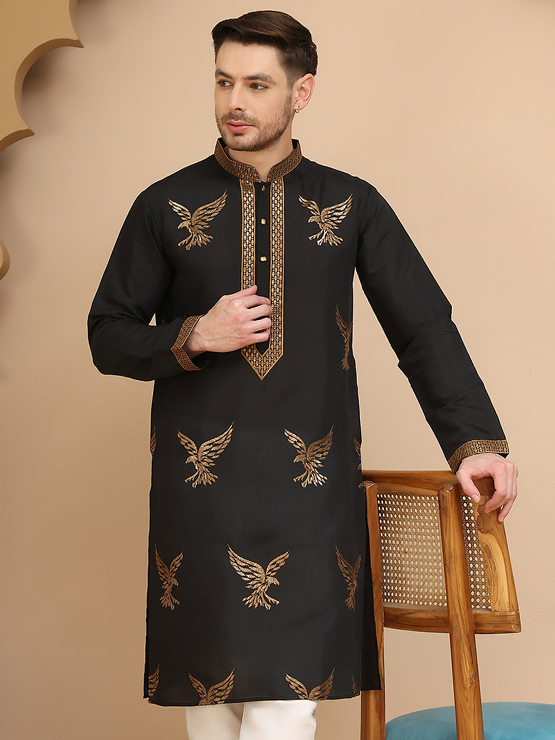 Silk Blend Kurtas With Golden Eagle Embroidery