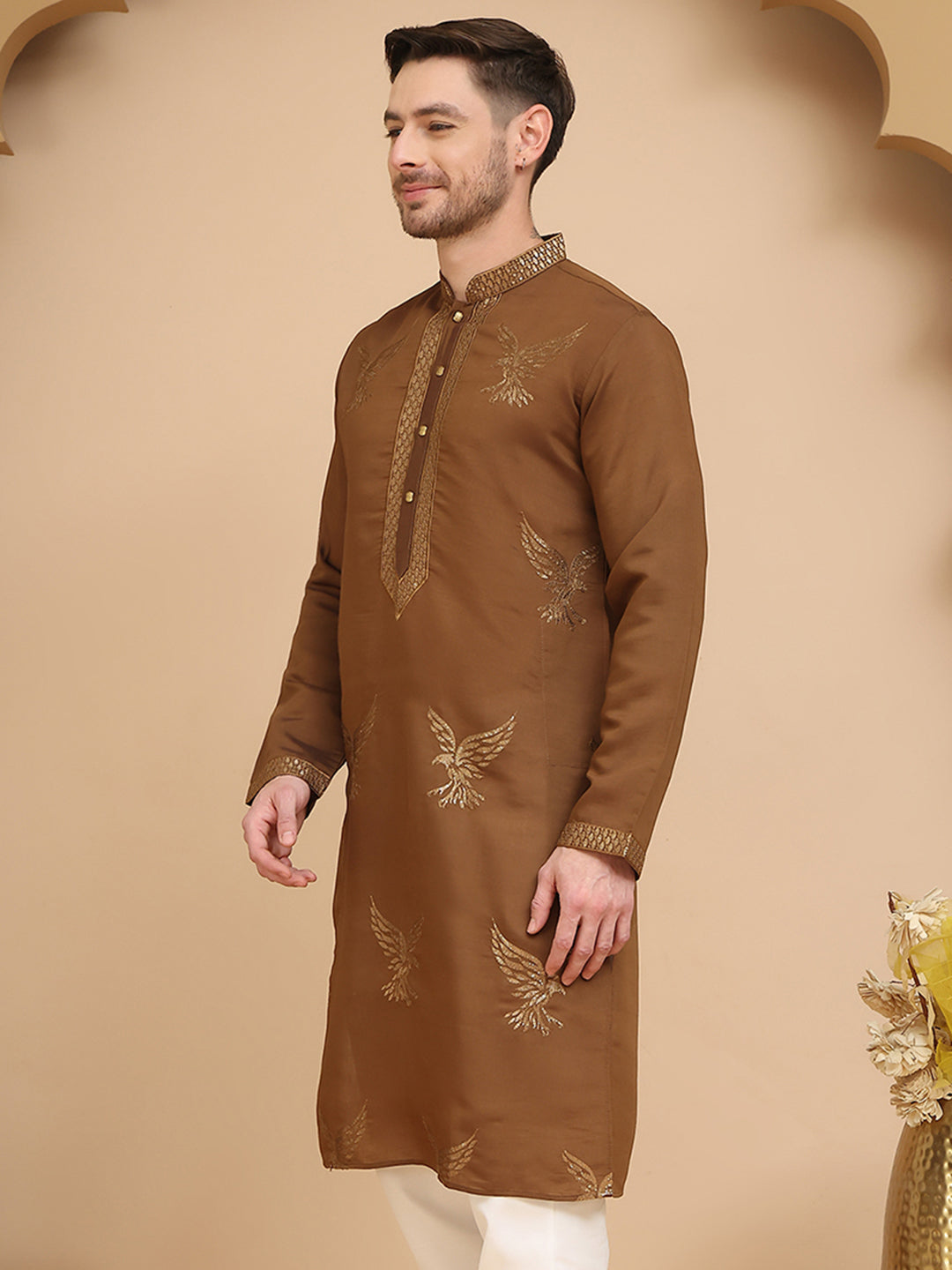 Silk Blend Kurtas With Golden Eagle Embroidery
