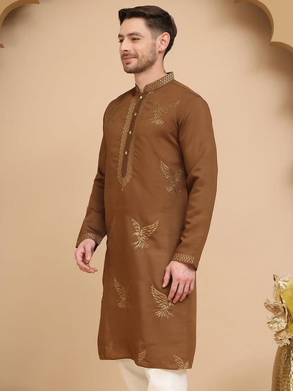 Silk Blend Kurtas With Golden Eagle Embroidery