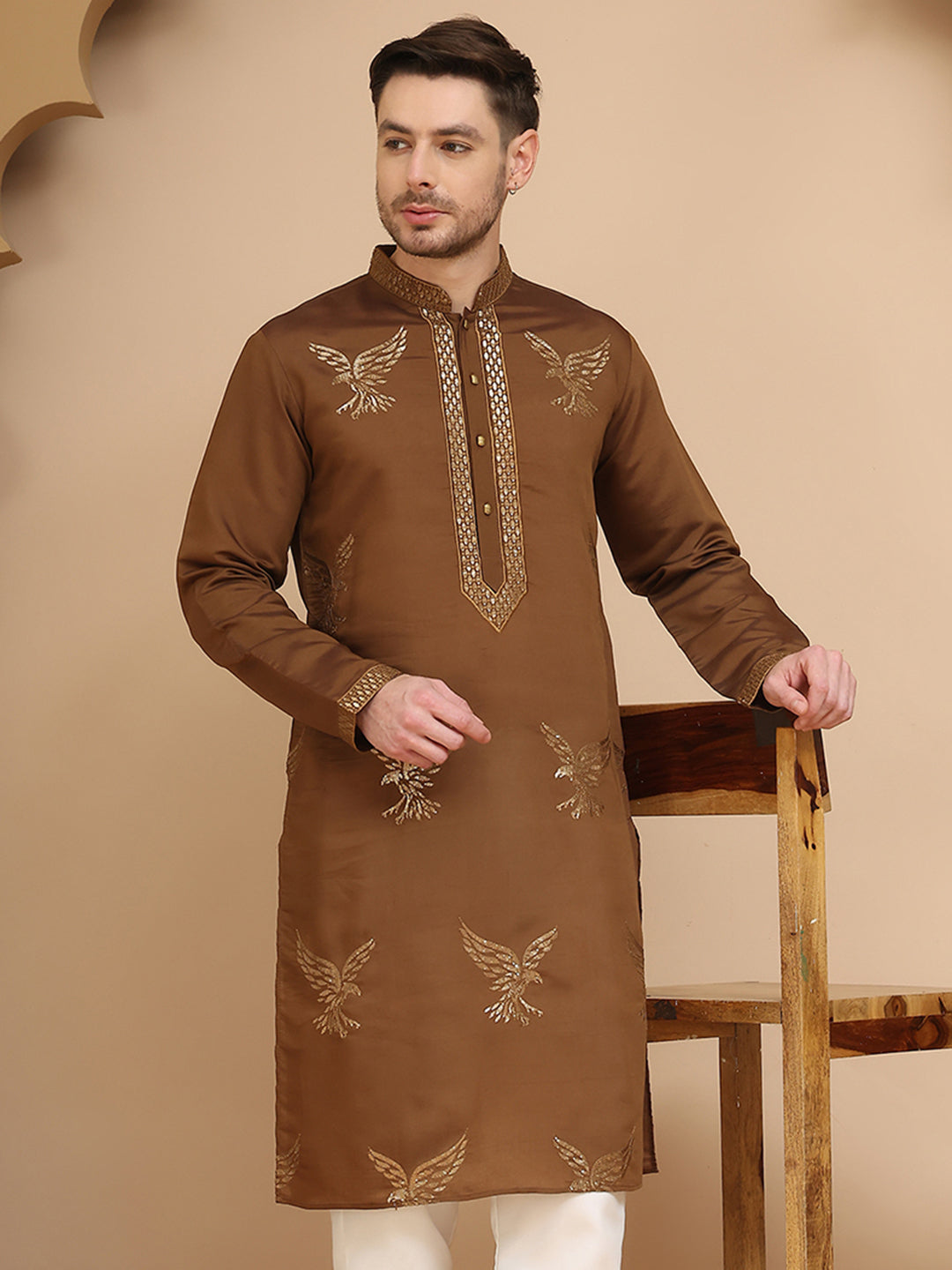 Silk Blend Kurtas With Golden Eagle Embroidery