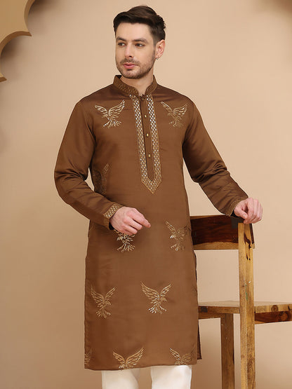 Silk Blend Kurtas With Golden Eagle Embroidery