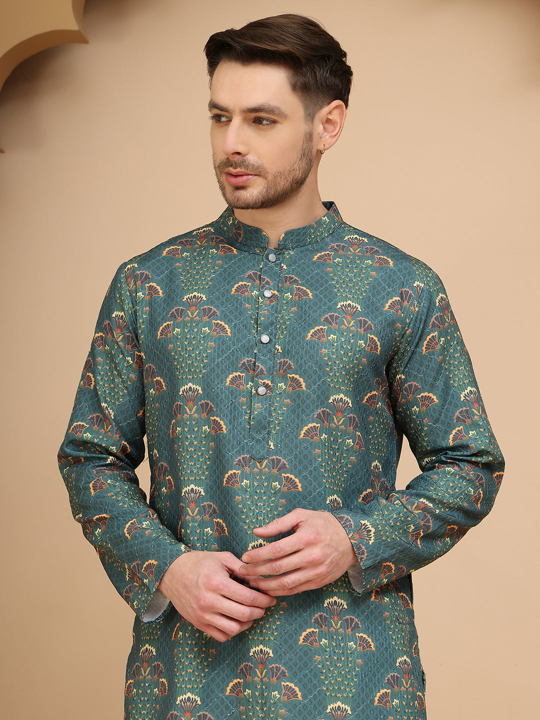 Printed Silk Blend Straight Kurtas For Men