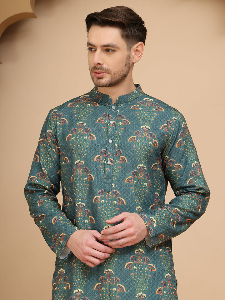 Printed Silk Blend Straight Kurtas For Men