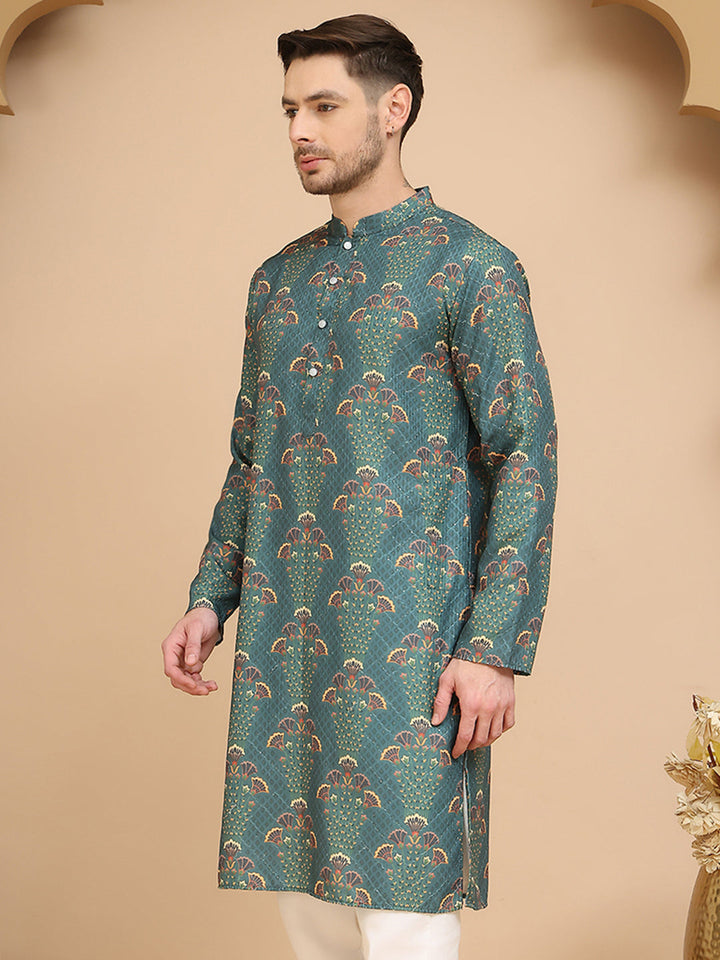 Printed Silk Blend Straight Kurtas For Men