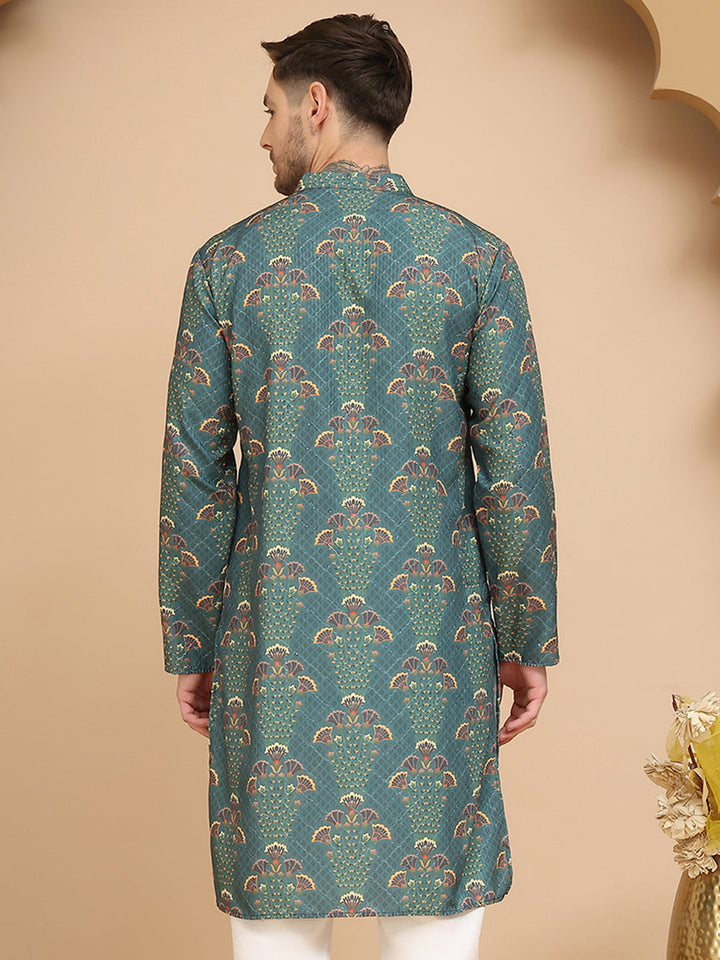 Printed Silk Blend Straight Kurtas For Men